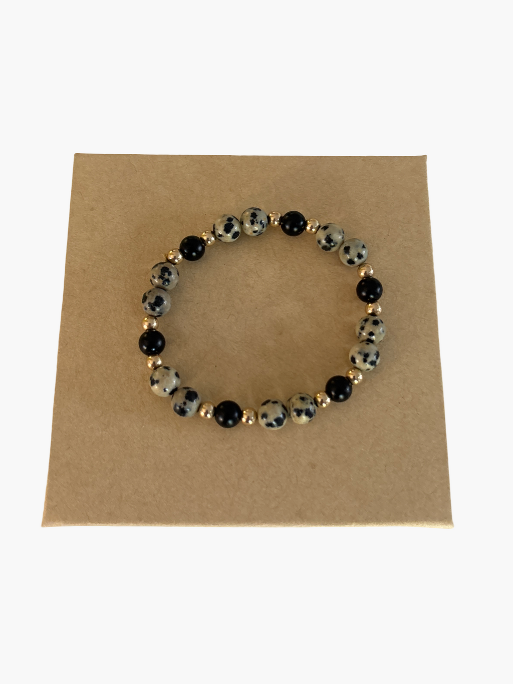 Statement 6mm dalmatian jasper gemstone bead accent 3mm gold filled and 4mm black onyx bead