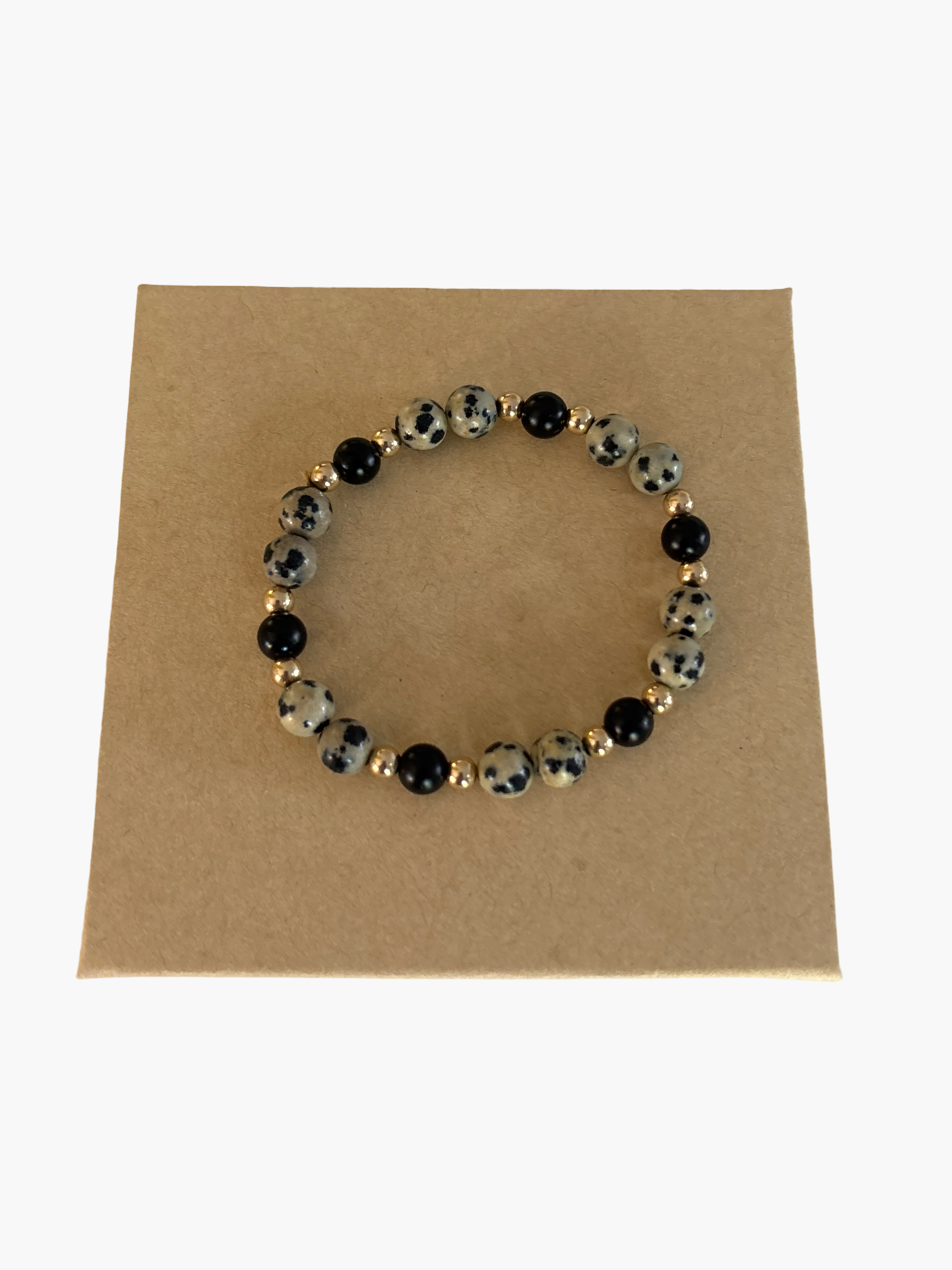 Statement 6mm dalmatian jasper gemstone bead accent 3mm gold filled and 4mm black onyx bead