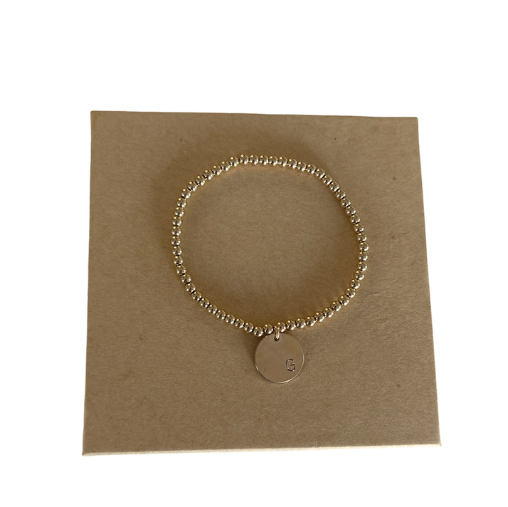 Minimalist 3mm Gold Beaded Bracelet with 1/2 inch Gold Filled Initial Charm