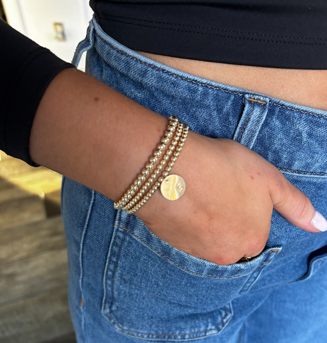Minimalist 3mm Gold Beaded Bracelet with 1/2 inch Gold Filled Initial Charm